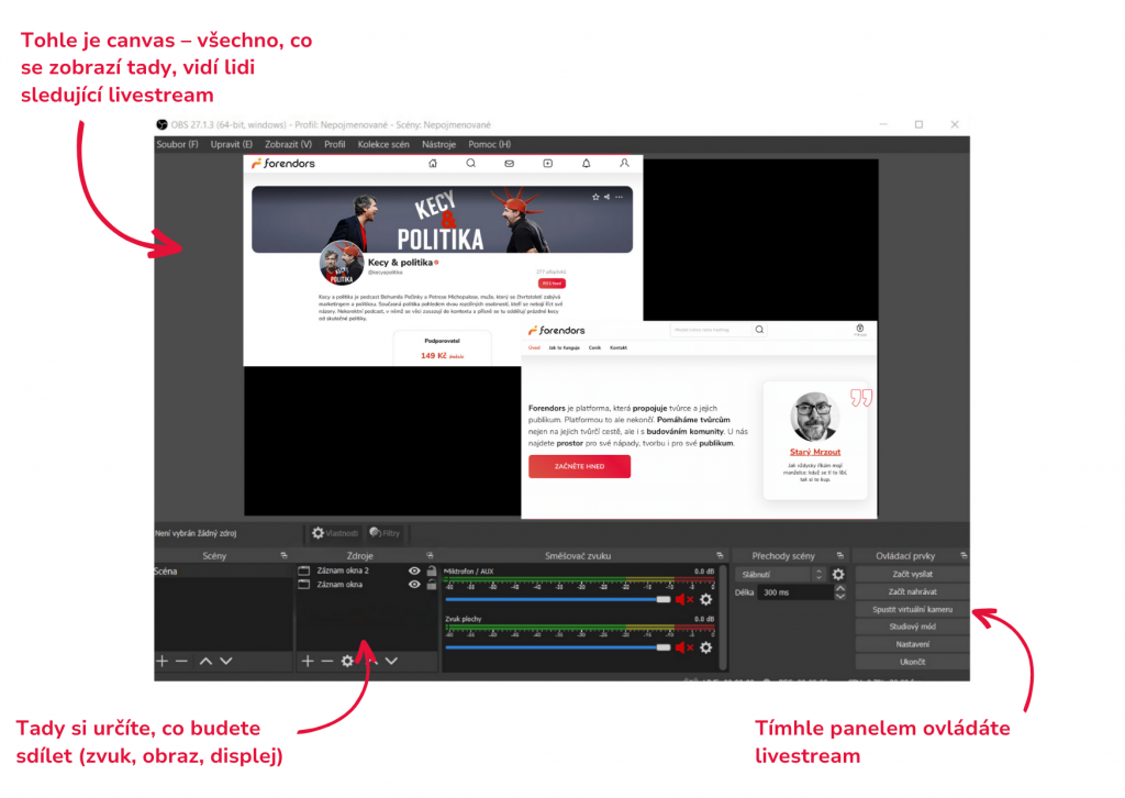 Rozvržení OBS - kde co ovládáte