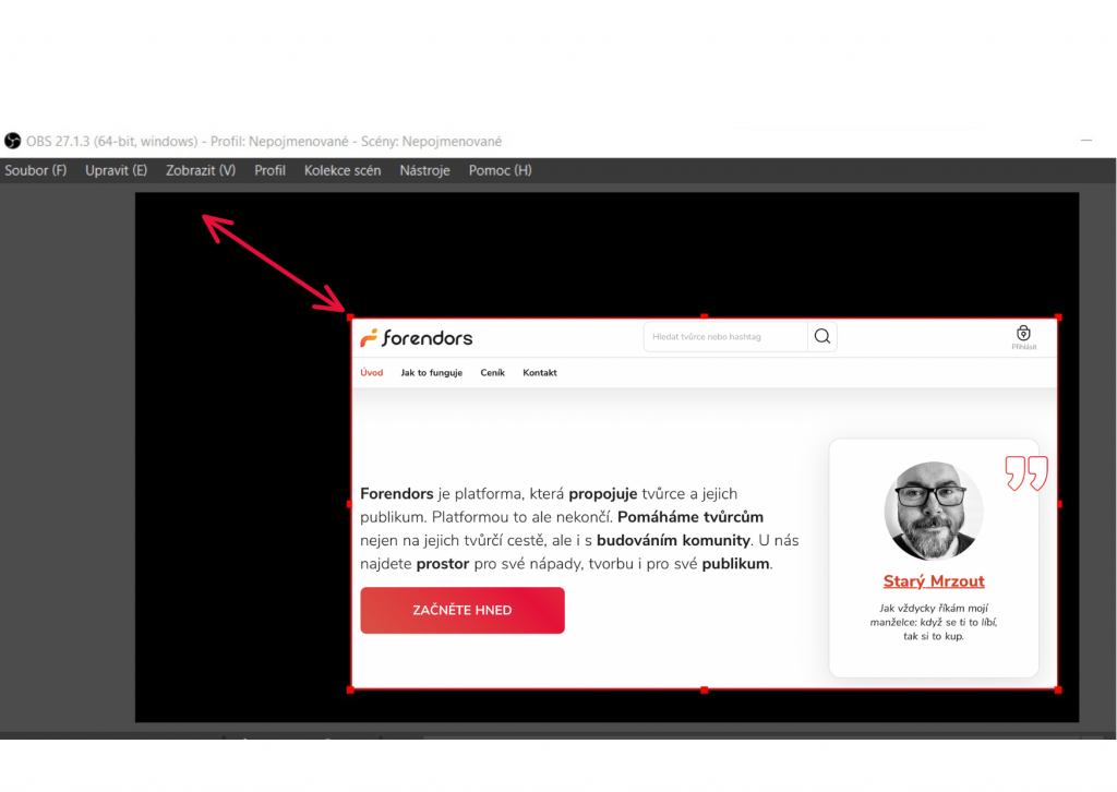 Okno označené červeným rámečkem můžete tahem zvětšit/zmenšit