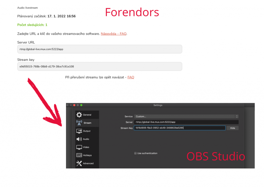 Údaje z Forendors je potřeba zkopírovat do streamovacího programu.