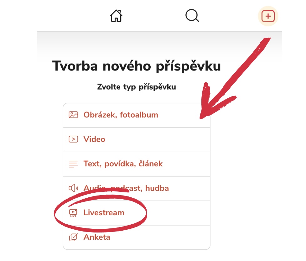 Livestream vytvoříte jako jakýkoli jiný příspěvek