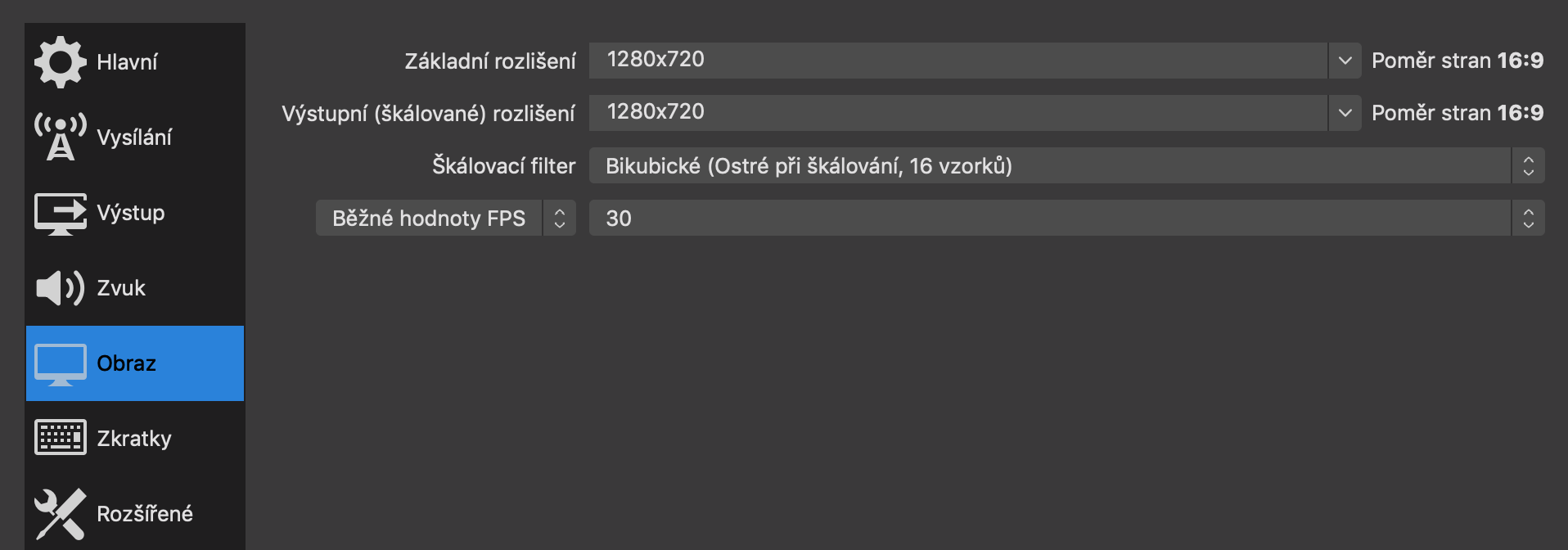 Pro video stream si nastavte základní a výstupní rozlišení